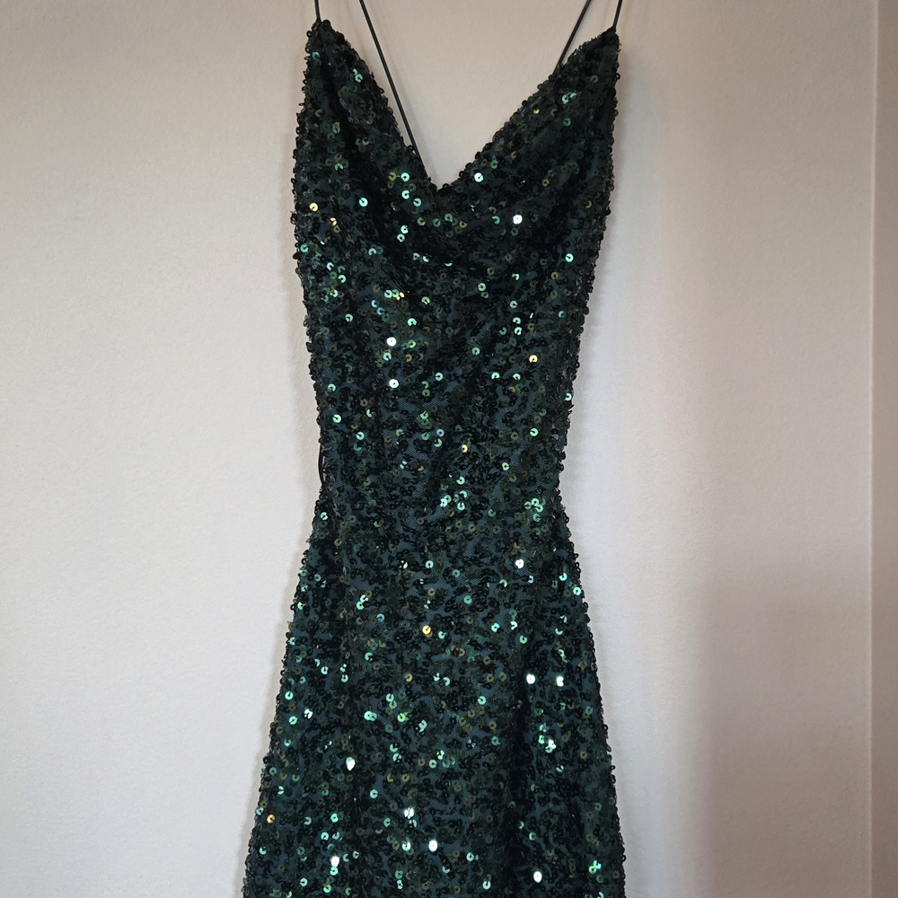 B Darlin Green Embellished Slip Dress Cowl Neck